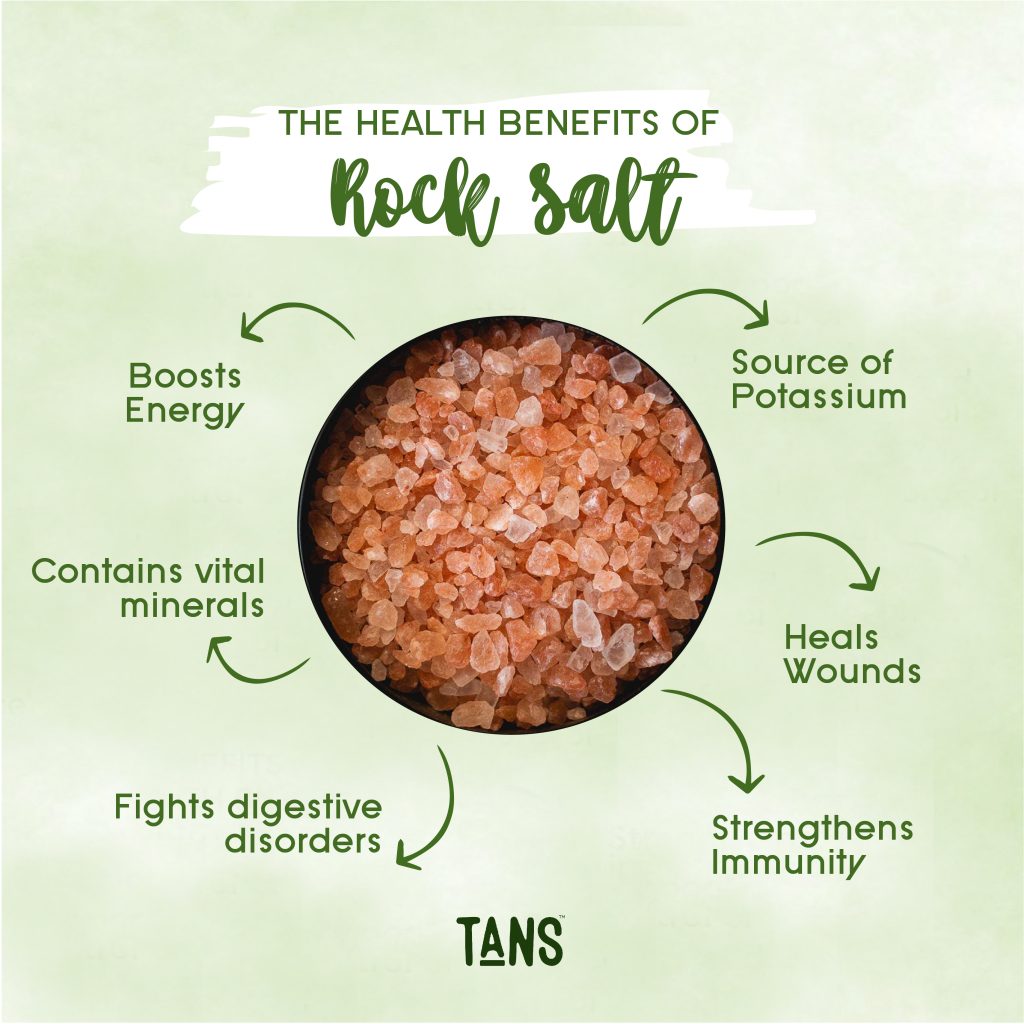 Rock Salt contains many essential and non-essential minerals, such as iron, zinc, cobalt, manganese, nickel and copper. These are present in very low amounts, hence Rock Salt should not be depended upon as the primary source for these nutrients. We all know excess sodium is not healthy and can harm you in the long term. Too little of sodium can commonly lead to poor sleep, mental health issues, seizures and convulsions. In some serious cases one could experience coma and even death. Maintaining consumption of sodium levels is a good idea and not being at any of the extremes.