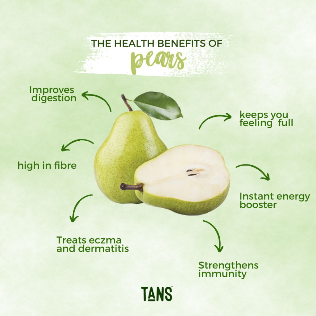 Pears are rich in fiber, sweet in taste and have numerous nutrients like vitamin C, Vitamin K, folate, niacin, copper, provitamin A, antioxidants,pigments and many more. Consuming pears daily may have health benefits like improved cellular function, regulation of metabolism, managing cholesterol, good gut health and improves vision as you age. On top of these it is low in calories and helps digesting foods well to manage blood sugar spikes due to its high fiber content and low glycemic index.